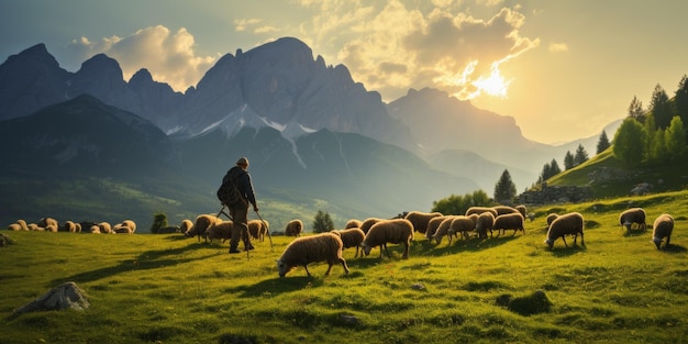 Schafe weiden auf einer Weide vor dem Hintergrund von Bergen Generative KI