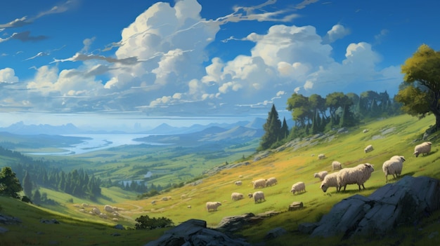 Schafe weiden im Cloudpunk-Stil Eine romantische Darstellung der Wildnis