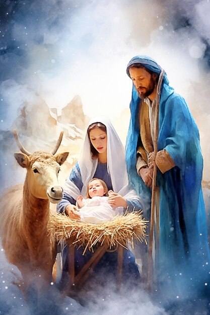 Foto schaffen sie eine geburt jesus hält ein baby in seinen armen