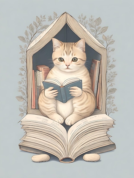 Schaffung einer realistischen und detaillierten niedlichen Katzenlesecurve Eine charmante Szene auf einem weißen Lesetisch in