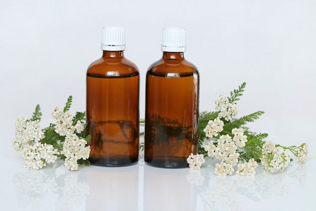 Schafgarbentinktur, Schafgarbenöl. Schafgarbenöl in zwei braunen Glasflaschen und Schafgarbenblüten Natürliche Apotheke