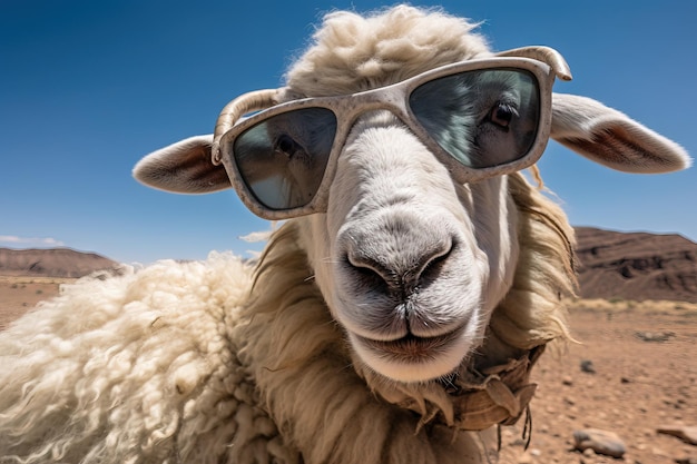 Schafkopf mit Sonnenbrille Arabische Übersetzung Eid Adha Mubarak Generative KI