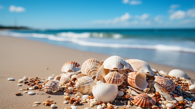 Schalenschätze von Muscheln Sandstrand und Ozeanwellen mit Muscheln und Muscheln