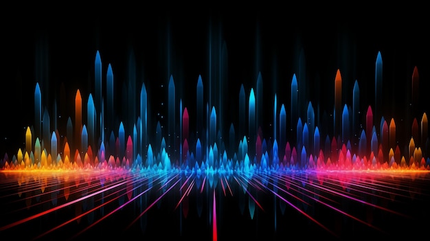 Schallwellen-Equalizer in futuristischen Farben Frequenz-Audio-Wellenform auf schwarzem Hintergrund Musikwelle