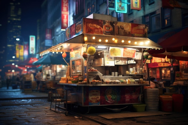 Schalter mit Takeaway-Straßenessen auf den Straßen der Nachtstadt