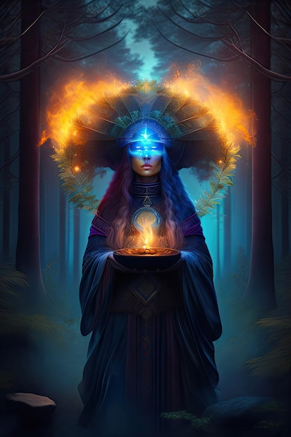 Schamanin, Hexe, die Geister in einem mysteriösen Nachtwald hervorruft