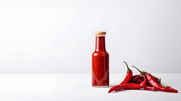 Scharfe Sauce-Flasche mit vielen roten Chilischoten, die auf weißem Hintergrund isoliert sind