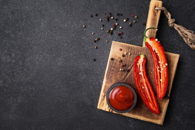 Scharfe Sauce Ketchup mit Pfeffer Scharfe rote Paprika auf einem Holzbrett Chili-Pfeffer