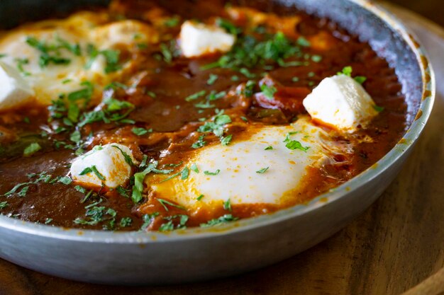 Foto scharfe shakshuka mit tomatensauce und frischen kräutern