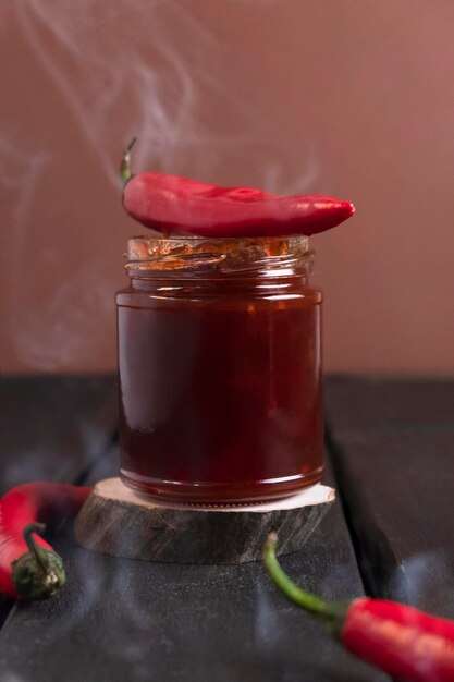 Foto scharfer pfeffermarmelade mit dampf, der daraus kommt, auf einem holztisch und würzigen paprika