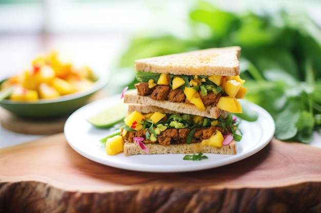 Scharfes Jerk-Tempeh-Sandwich mit Mango-Salze und Salat