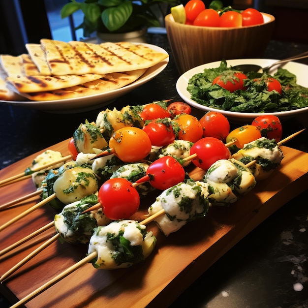 Schaschlik am Spieß auf dem Grill Bruschetta Caprese-Spieße Spinat