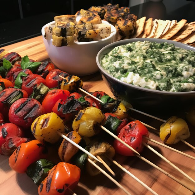 Schaschlik am Spieß auf dem Grill Bruschetta Caprese-Spieße Spinat