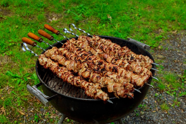 Schaschlik auf dem Grill grillen. Tiefenschärfe