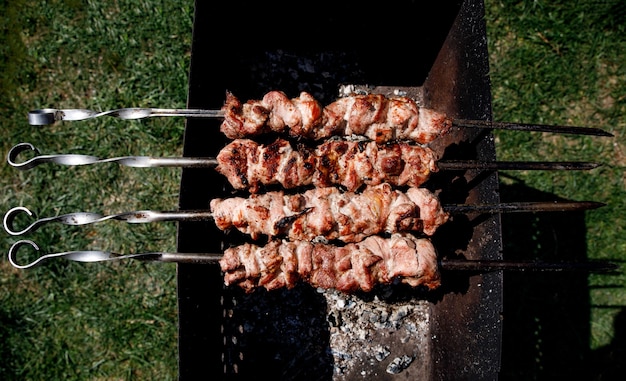 Schaschlik wird am Spieß gebraten. Sommerruhe.