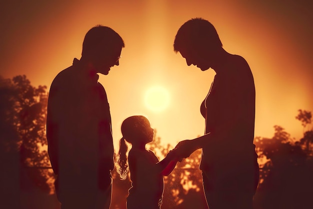 Schatten einer glücklichen Familie zusammen mit Eltern und ihrem kleinen Baby bei Sonnenuntergang. Eine Silhouette der Liebe und Einheit. KI-generativ