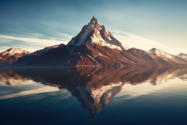 Schatten eines Berggipfels, der sich auf einem ruhigen See spiegelt, der mit generativer KI erstellt wurde