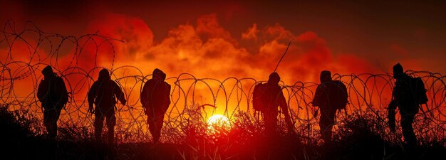 Schatten von Migranten hinter Stacheldraht an einem Grenzübergang, die die Herausforderungen darstellen, mit denen die Menschen konfrontiert sind, und die menschlichen Bemühungen, ein besseres Leben zu erreichen.