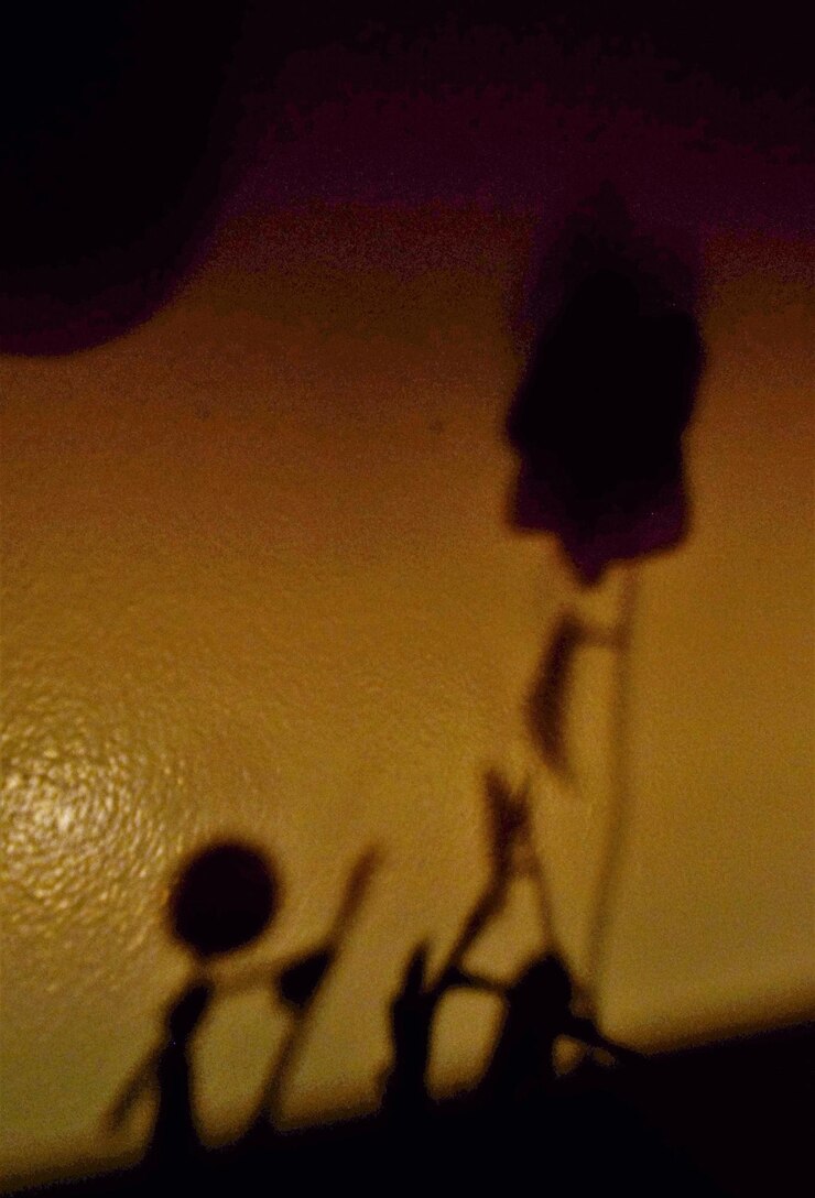 Foto schatten von spielzeug und blume an der gelben wand