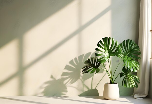 Schatten von tropischen Blättern und Vorhängen Fenster auf Gipswand