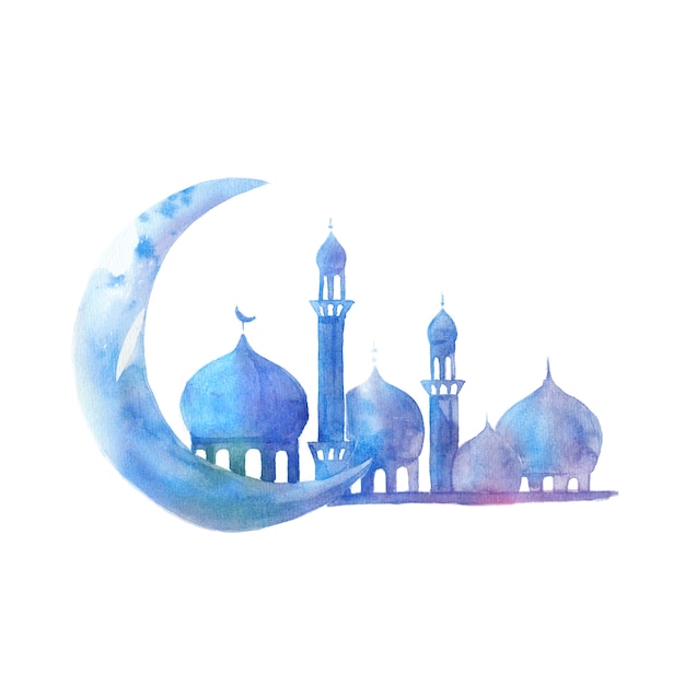 Schattenbild der Moschee mit Minaretten und Mond auf Aquarell. Illustration für muslimischen Feiertag.