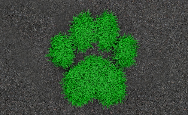 Schattenbild der Wiedergabe 3d eines Tierdruckes von einem grünen Gras auf dem Asphalt