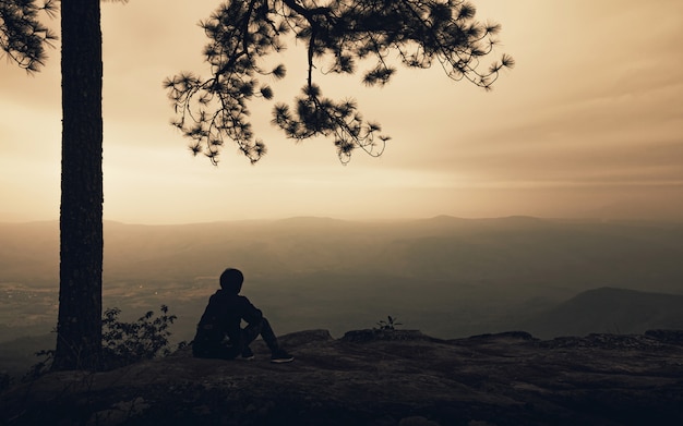 Schattenbild des alleinmannes sitzend unter großem Baum auf dem Bergblick mit Nebel im Sonnenuntergang