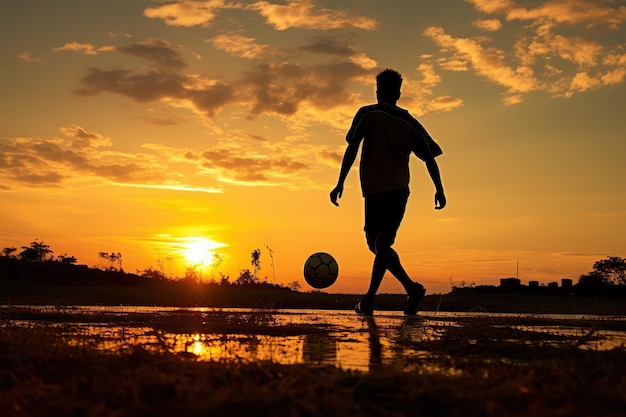 Schattenbild eines Mannes, der Fußball im Sonnenuntergang der goldenen Stunde spielt