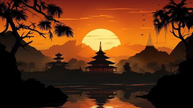 Schattenbild-Tempel-Sonnenunterganghintergrund