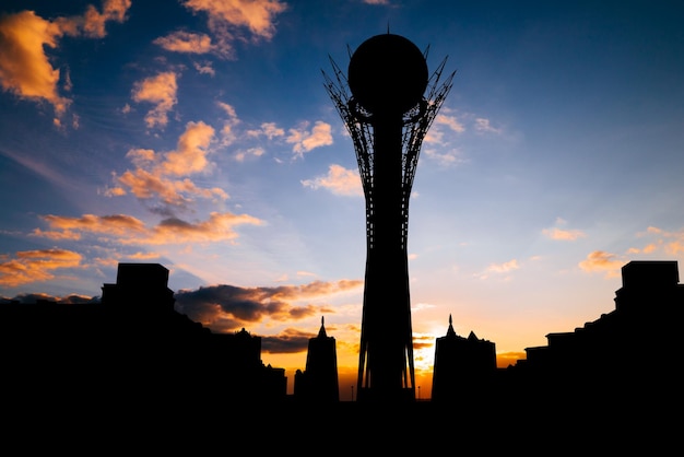Schattenbild von Astana-Stadtbildhauptstadt von Kasachstan auf schönem Sonnenuntergang