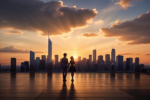 Schattenbildpaar, das Stadtbildsonnenuntergang-Wolkenkratzerskyline steht