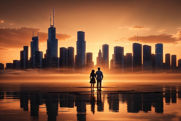 Schattenbildpaar, das Stadtbildsonnenuntergang-Wolkenkratzerskyline steht