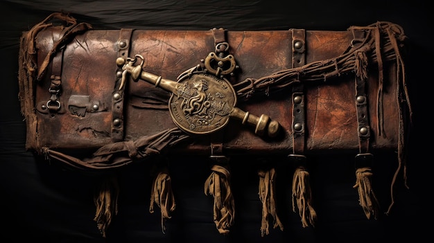 Schatztruhe-Schlüssel, der am Ledergürtel eines Piraten hängt, ein Symbol des Abenteuergeheimnisses, Piratenaccessoire, nautische Mystik, Schlüssel zum Glück, Freibeuter-Talisman, generiert von KI