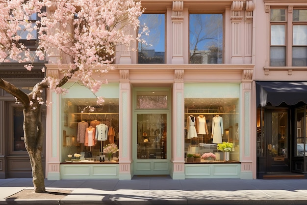 Foto schaufenster einer bekleidungsboutique in einer frühlingsstraße, die ihre modekollektion präsentiert