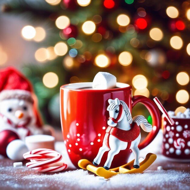 Schaukelpferd-Spielzeug und roter Becher mit heißer Schokolade und Marshmallow und Süßigkeiten mit Weihnachtsbaum