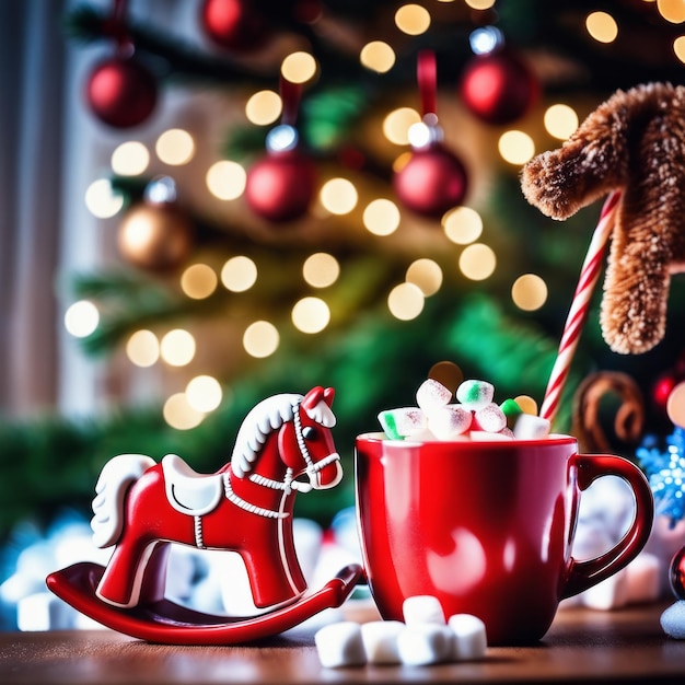 Foto schaukelpferd-spielzeug und roter becher mit heißer schokolade und marshmallow und süßigkeiten mit weihnachtsbaum