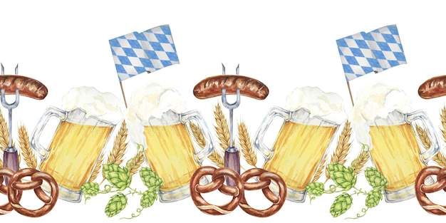 Schaumige Bierbecher Brezeln Hopfen Gerste und bayerische Flaggen festliche Clipart Aquarell nahtloses Randbanner für die Oktoberfest-Werbung