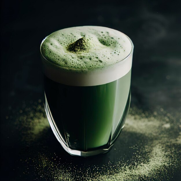 Schaumiges grünes Elixierglas Matcha Latte mit Staub