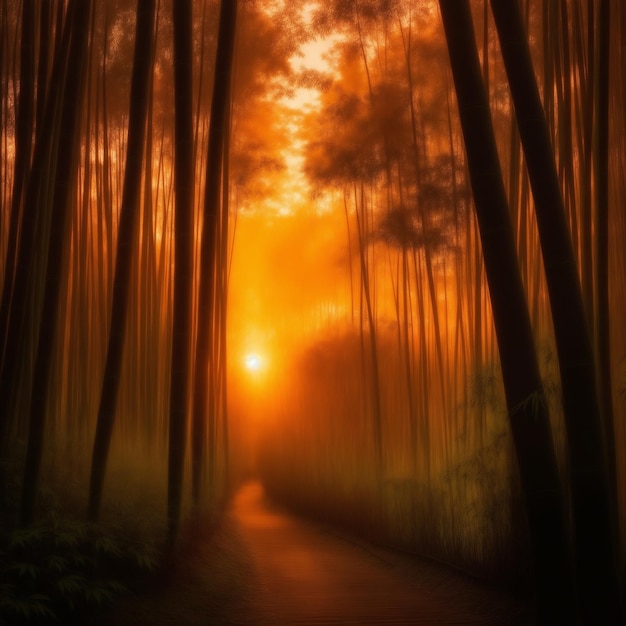 Foto schauplatz eines bambuswaldes bei sonnenuntergang