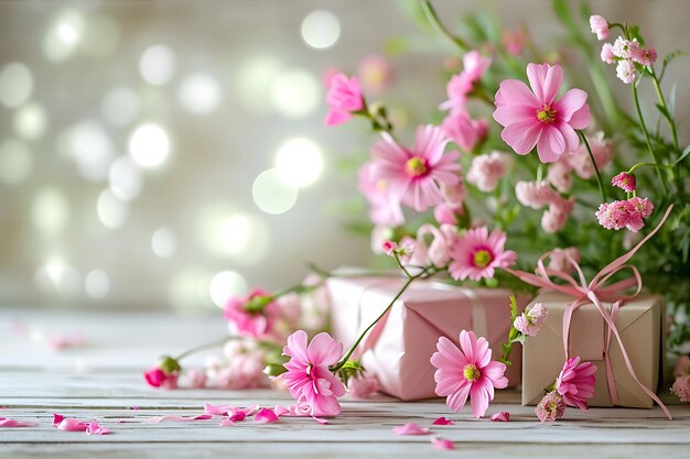 Schauplatz mit frischen rosa Blumen und Geschenken