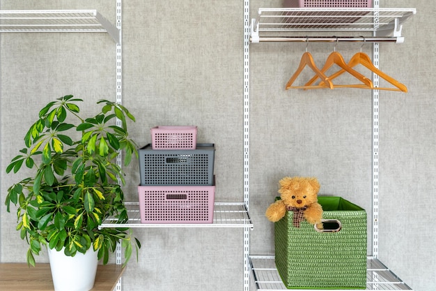 Schefflers Zimmerpflanze, rosa und graue Plastikboxen oder -behälter mit Deckel und Teddybär-Spielzeug auf Metallregalen. Moderner begehbarer Kleiderschrank im neuen Zuhause.