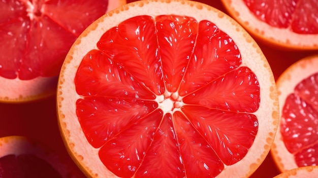 Foto scheibe grapefruit. roter grapefruit-hintergrund. zusammensetzung einer halben orange