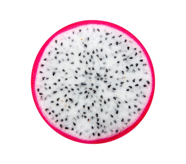 Scheibe reife Drachenfrucht, Pitaya oder Pitahaya isoliert auf weißem Hintergrund, gesundes Fruchtkonzept, Ansicht von oben