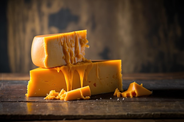 Scheiben eines Blocks Cheddar-Käse vor rustikalem Hintergrund Extrem geringe Schärfentiefe mit Käse als Thema Wasser knistert in der Ferne