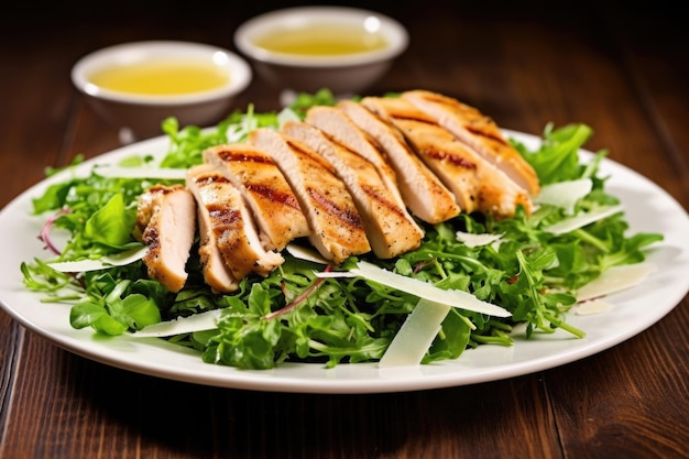 Scheiben gegrilltes Huhn auf gemischtem Baby-Grün mit Vinaigrette