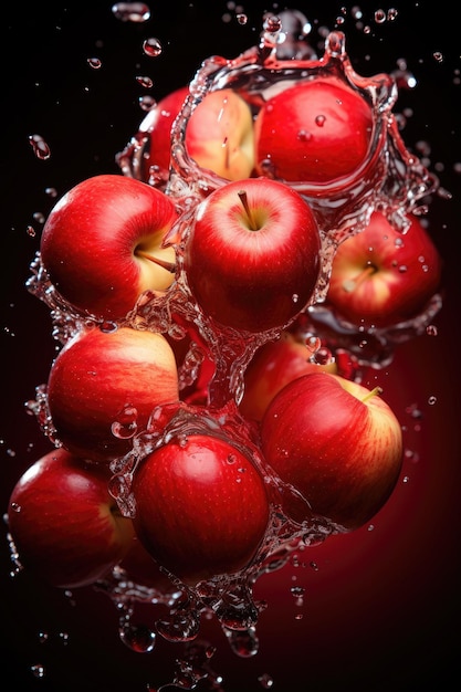 Scheiben roter Äpfel fallen auf einen hellroten Tisch mit dunkelrotem Hintergrund