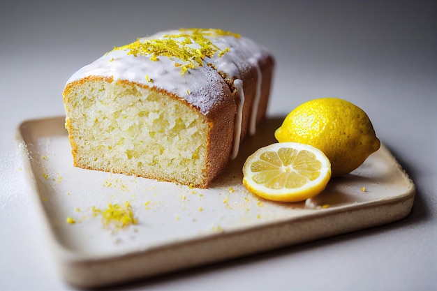 Scheiben Zitronenkuchen mit Puderzucker zum Frühstück auf dem Teller