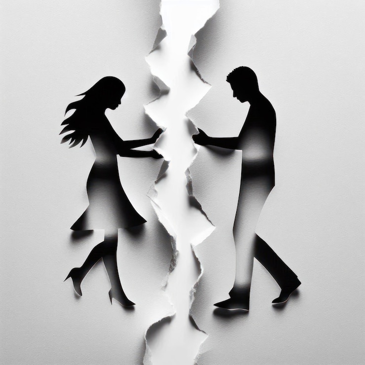 Foto scheidung die silhouette eines paares zerrissenes papier scheidung isoliert auf weißem hintergrund