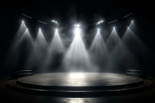 Scheinwerfer mit Bühnenszene mit Lichtern und Balken, rundes Podium und Lichtstrahlen