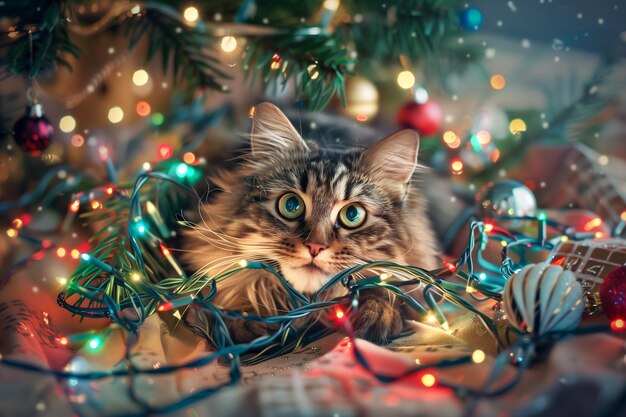 Foto schelmische katze verwickelte die weihnachtslichter